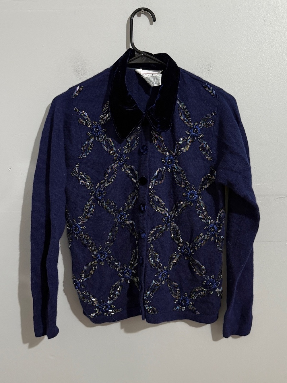 Talbots Womens S Wool Angora Cardigan Sweater Beaded Embroidered Velvet Collar